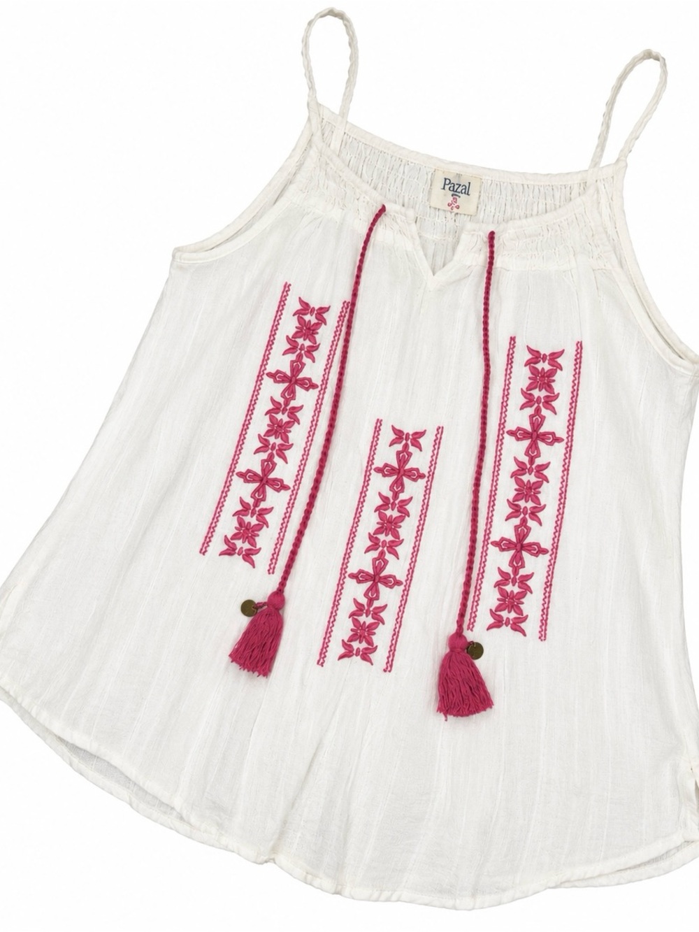 girl krazy White Tank Top with Pink Embroidery and Tassels